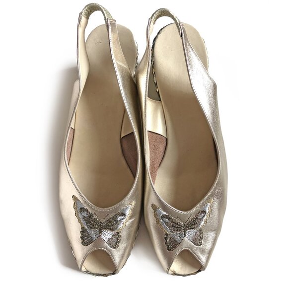 VTG 80s 90s Italian Gold Leather Butterfly Embroidered Wedge Shoes Size 38 - 7.5 - Picture 4 of 7